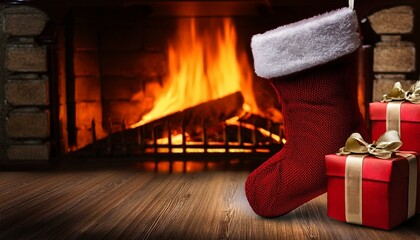 Red and black Christmas stocking stuffed with gifts by a fireplace, 3D illustration, the artistic form, retro style with copy space for text