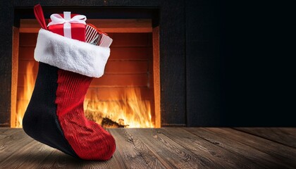 Red and black Christmas stocking stuffed with gifts by a fireplace, 3D illustration, the artistic form, retro style with copy space for text