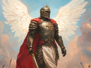 Fototapeta premium An epic fantasy knight adorned with angelic wings stands majestically under a vibrant sky, symbolizing strength and valor.