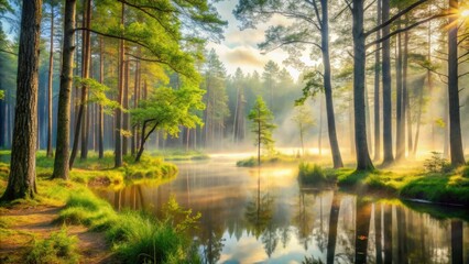 Obraz premium Tranquil misty morning scene in a serene forest, nature, fog, trees, peaceful, calm, woodland, tranquility, mist, peaceful
