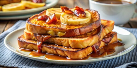 French toast with crispy bacon, sliced banana, and drizzled with maple syrup , breakfast, delicious, food, indulgent, sweet