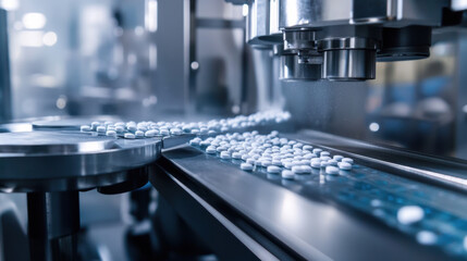 Automated equipment ensuring uniformity in size of pharmaceutical tablets, showcasing modern production line in clean environment. precision and efficiency of machinery highlight importance of