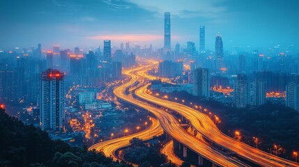 Fototapeta premium City Skyline with Highway Light Trails at Dusk Generative AI