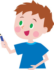 A boy wearing blue clothes holding a blue pencil. Vecto illustration