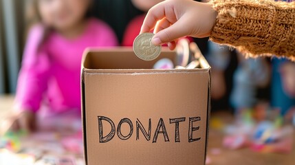A hand placing a coin into a donation box, symbolizing community support and charitable giving.