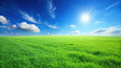 Obraz premium Vibrant green grass field under a clear blue sky, nature, outdoors, environment, landscape, meadow, growth, fresh, spring