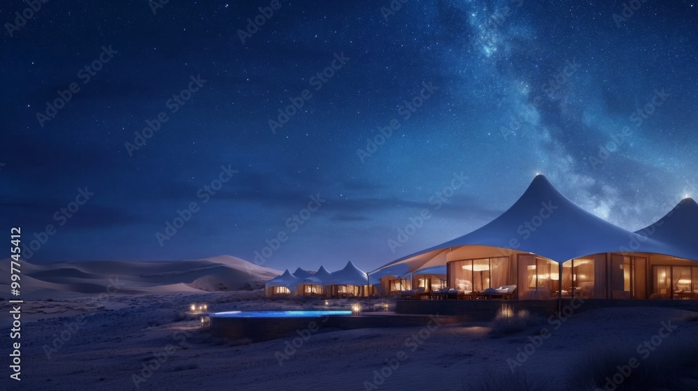 Poster the desert resort glows softly in the night, featuring elegant tents and modern structures under a s