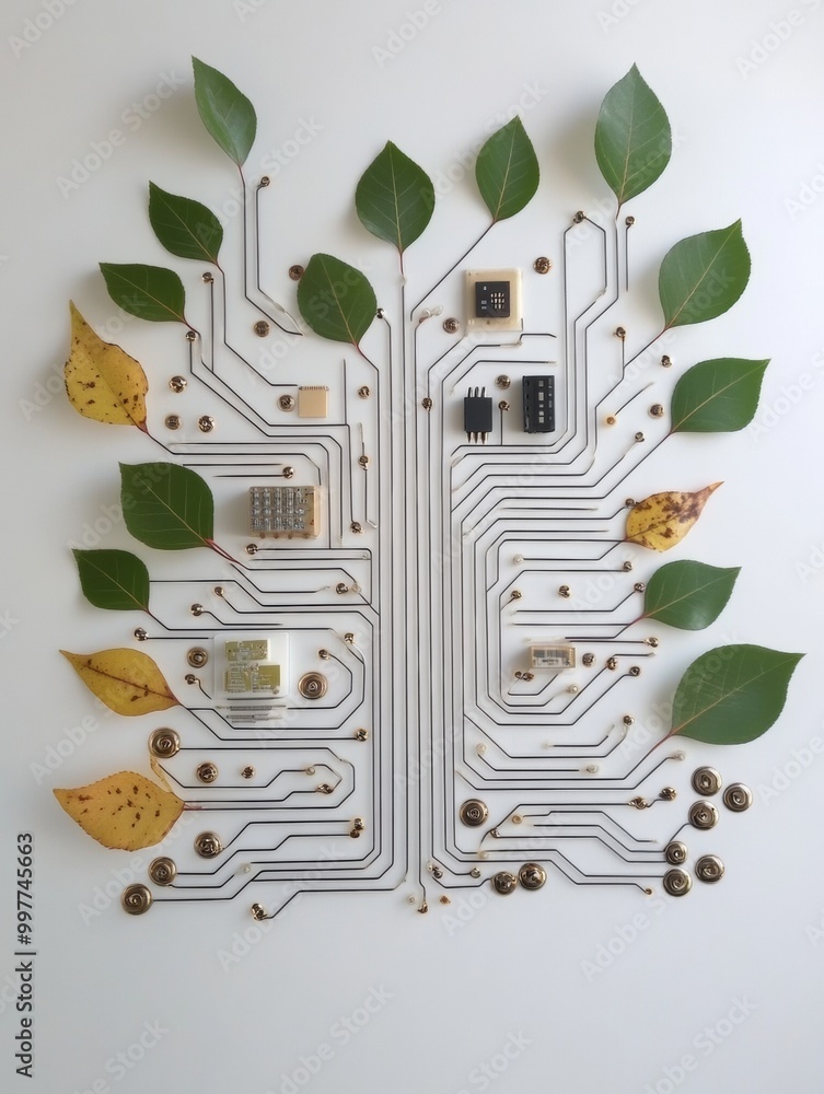 Poster minimalist circuit board art with leaves and branches on white background
