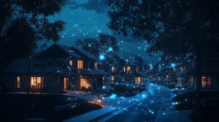 Smart homes in a residential area with interconnected iot devices visualized by glowing network nodes.