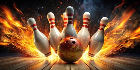 Bowling strike hit with fire explosion, bowling, strike, fire, explosion, sports, competition, leisure, ball, pins, strike zone