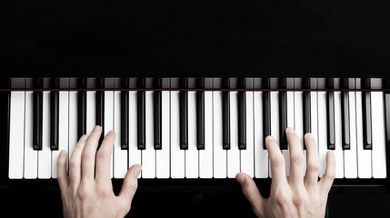 Hands playing piano keys on a black background