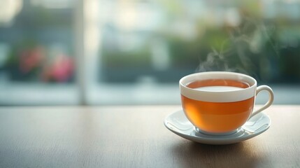 Fototapeta premium Serene Cup of Tea on Minimalist Table for Advertising Messages
