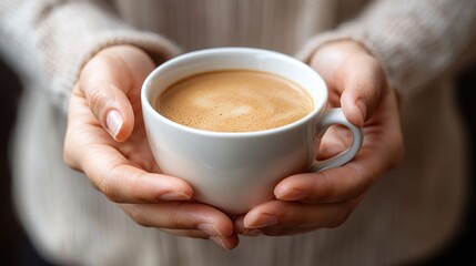 Cozy Morning Vibes: Hands Holding Coffee Cup with Copy Space Background