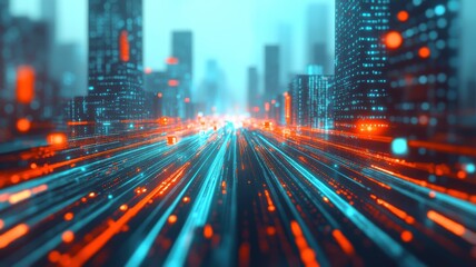 Obraz premium A futuristic cityscape featuring vibrant lights and abstract patterns, illustrating the concept of speed and technology in urban life.