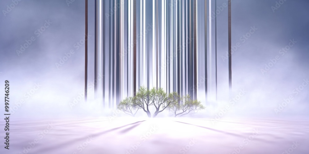 Poster minimalist digital art of tree branches transformed into vertical lines in dreamy misty setting