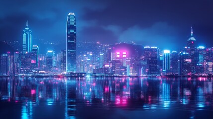 Obraz premium Cityscape of Hong Kong city skyline at night over Victoria Harbor with reflecting in harbour, Cyberpunk color style