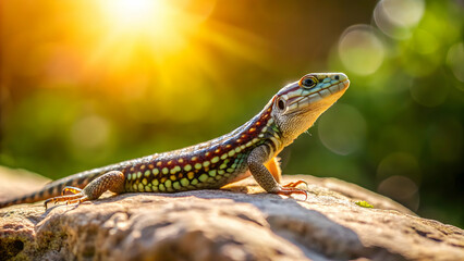 Obraz premium Lizard basking on a sunlit stone, lizard, reptile, rock, sun, nature, wildlife, outdoor, texture, scales, camouflaged