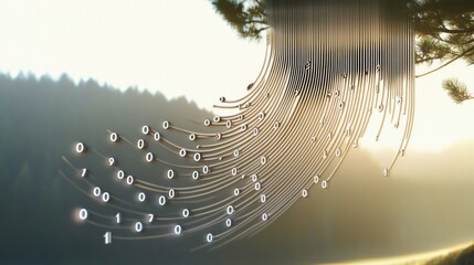 Minimalist Digital Tree Formed by Binary Code Streams in Serene Forest Setting