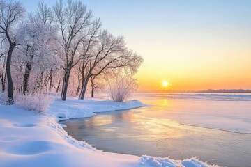 Snowy Morning Landscape with Frosty Trees and Clear Sky