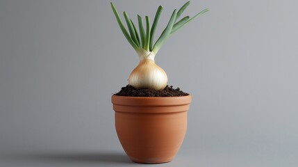 Onion tree vegetable clay pot and soil miniature house plant botanical decoration