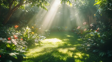 Soft sunlight streaming through a lush garden in the early morning, illuminating the edges of green leaves and delicate petals, with warm light casting gentle shadows across the garden.