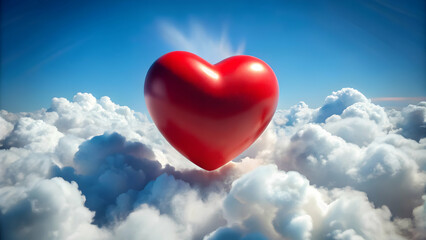 Red heart symbol floating peacefully among white fluffy clouds, love, romance, Valentine's Day, peaceful, serene, sky