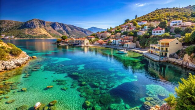 Beautiful coastal town of Limeni in Lakonia, Greece overlooking the crystal clear waters of the Aegean Sea , Limeni