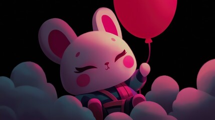 Cute Bunny Holding a Red Balloon in the Clouds