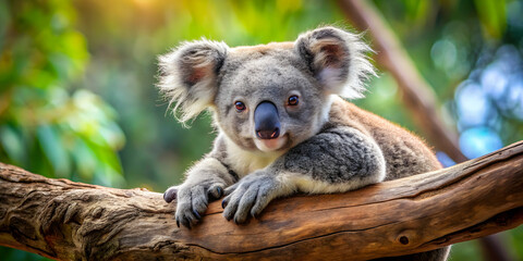 Adorable koala bear cub resting on a tree branch , wildlife, baby animal, Australia, eucalyptus, cute, fuzzy