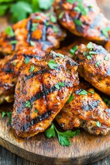 Grilled chicken wings garnished with herbs on a wooden plate.