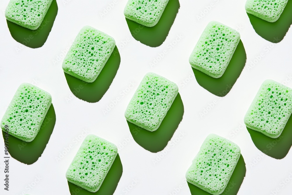 Poster evenly spaced green sponges on white background casting soft shadows, evoking clean and crisp monoch