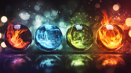 Four spheres of elements, fire water air earth, glass marbles with different colors with colorful glowing particles around on dark bokeh background. Fire Elemental. Illustration