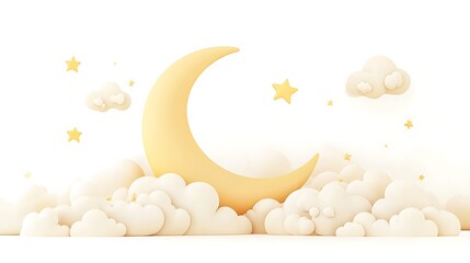 Golden Crescent Moon and Stars in a Dreamy Cloudscape