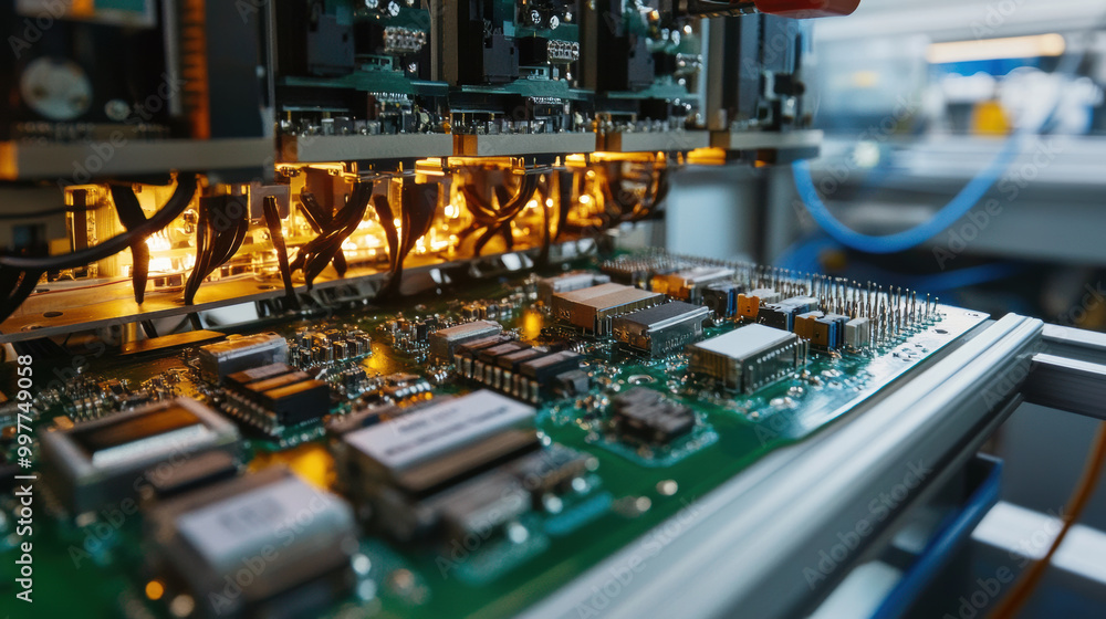 Poster automated equipment conducting thorough inspection of electronic components, showcasing intricate ci