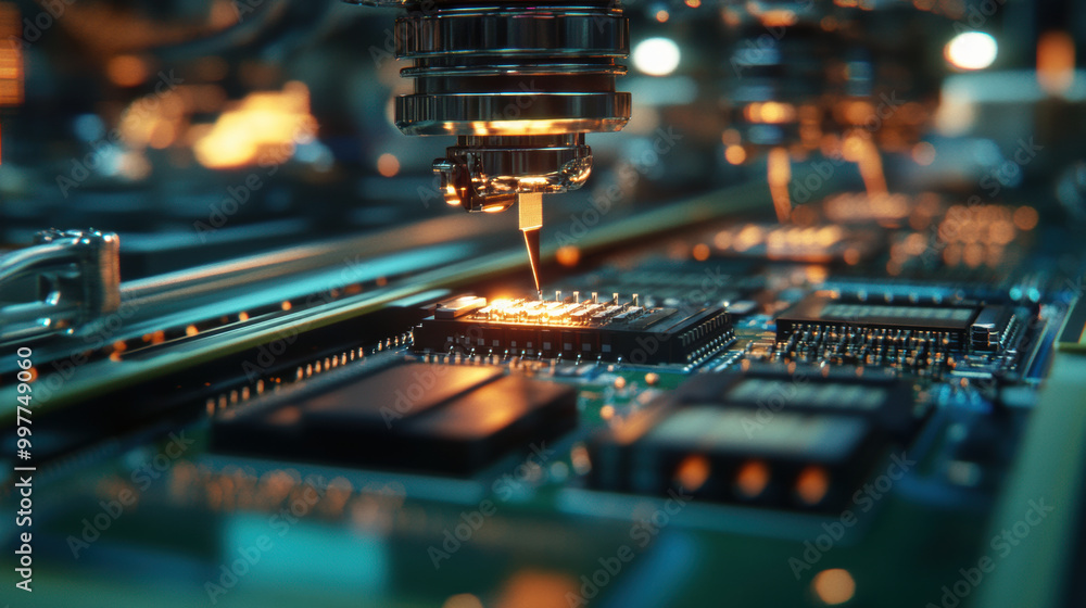 Poster automated systems assembling complex microchips in high tech environment showcase precision and inno