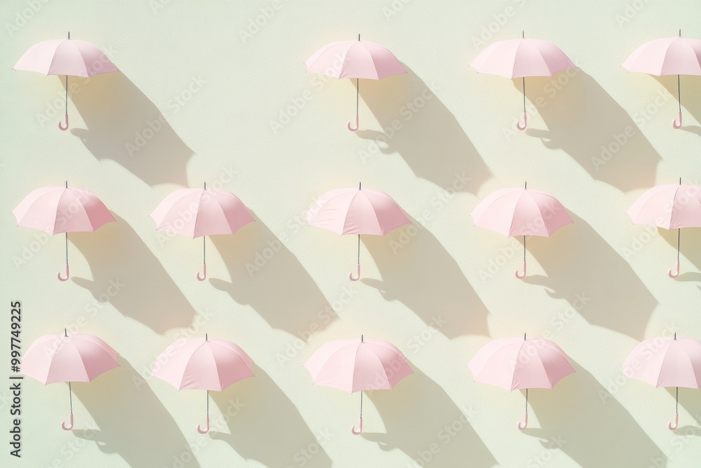 Aufkleber pastel pink umbrellas with shadows on cream background - repetitive minimalist pattern
