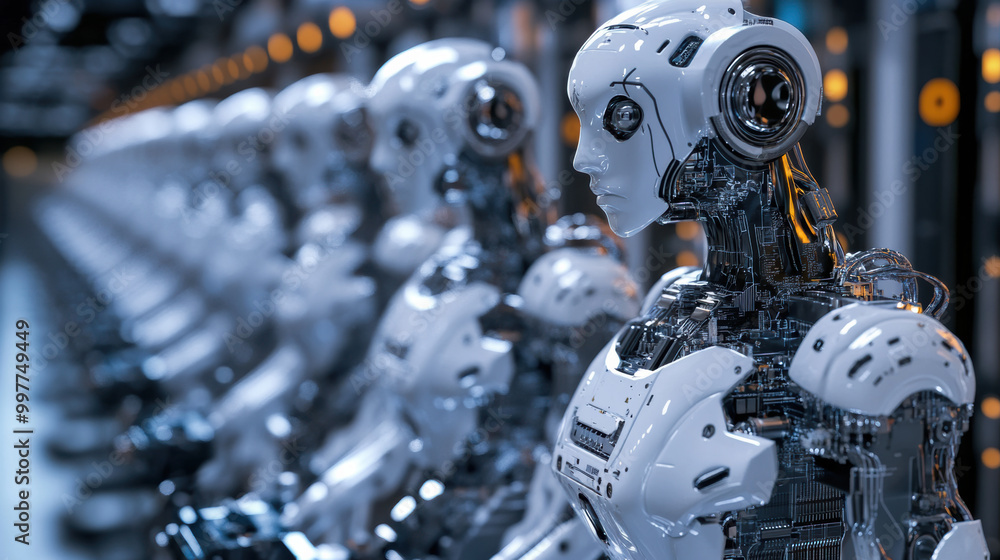 Poster automated technology facilitating rapid prototyping showcases line of humanoid robots with intricate