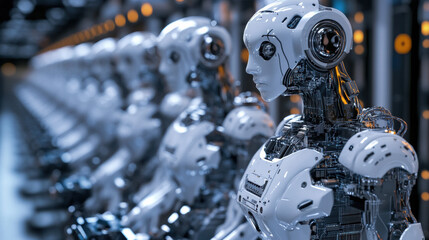 Fototapeta premium Automated technology facilitating rapid prototyping showcases line of humanoid robots with intricate designs and advanced features. scene evokes sense of innovation and futuristic development