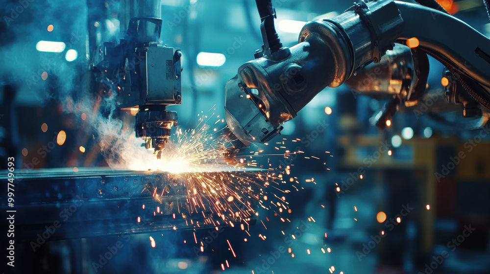 Aufkleber automated welding cells producing high quality welds with sparks flying. advanced robotic arm showca