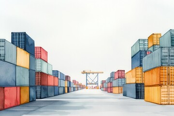 International trade standoff, empty ports under gray skies, Watercolor style