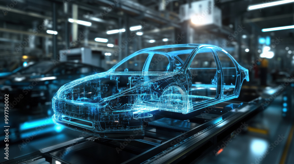 Poster futuristic car model is displayed in high tech manufacturing facility, showcasing its intricate desi