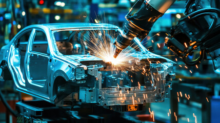 Fototapeta premium Automated welding solutions enhance efficiency in automotive manufacturing, showcasing robotic arm welding car frame with sparks flying