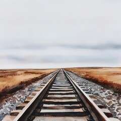Obraz premium Blocked railway line, stretching into the horizon under a gray sky, Watercolor style