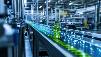 Fototapeta premium vibrant green bottle moves along conveyor belt in modern factory, showcasing advanced production technology and efficiency. scene highlights integration of data analytics in monitoring production