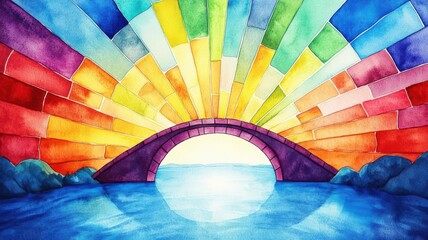 Obraz premium Multi-colored rays of light forming a bridge, bridging differences, watercolor style