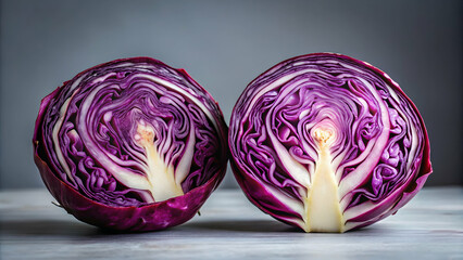 Obraz premium Halved head of purple cabbage on background, purple cabbage, half, isolated, vegetable, food, healthy, natural
