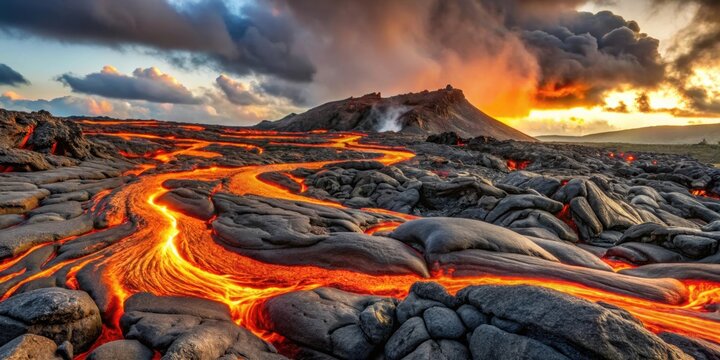 Red Orange vibrant Molten Lava flowing onto grey lavafield and glossy rocky land near hawaiian volcano with vog on background