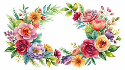 Watercolor floral wreath with vibrant flowers and lush greenery, ideal for invitations and decor, watercolor, floral