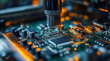 High tech machines performing surface mount technology (SMT) on circuit board, showcasing intricate details and precision in electronic manufacturing