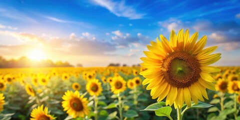 Fototapeta premium Blurred sunflower field with blue sky background, sunflowers, field, blurred, background, blue sky, oil production